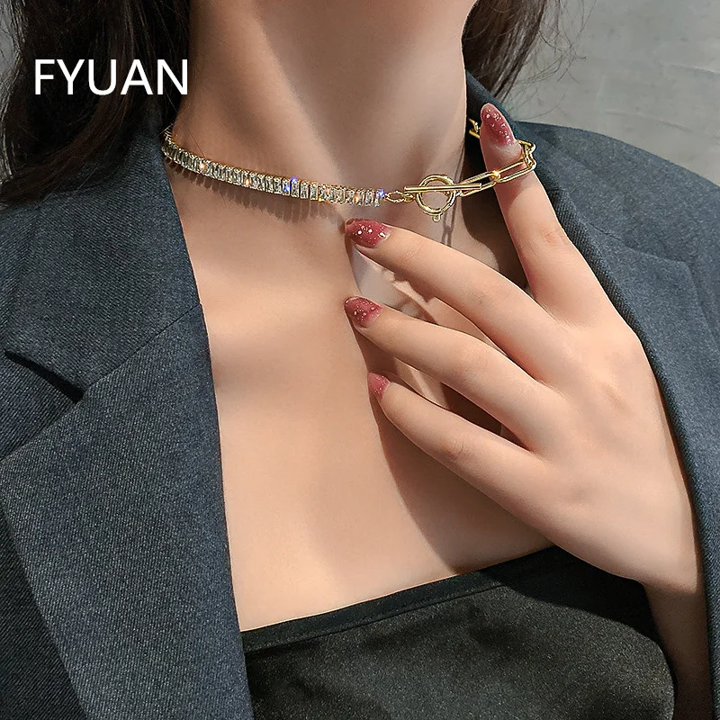 

FYUAN Zircon Crystal Choker Necklaces for Women Geometric Chain Rhinestone Necklaces Statement Jewelry Gifts