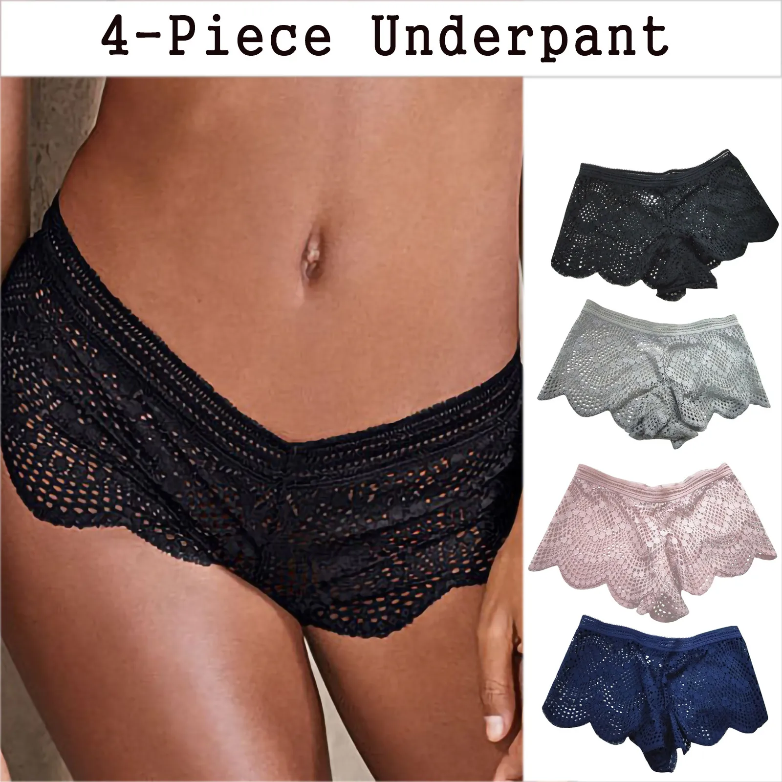 

Women's Sexy Panties Lace Mid Waist Underpants Transparent Mesh Underwear Solid Soft Fan-shaped Underwear 4 Pieces Mixed