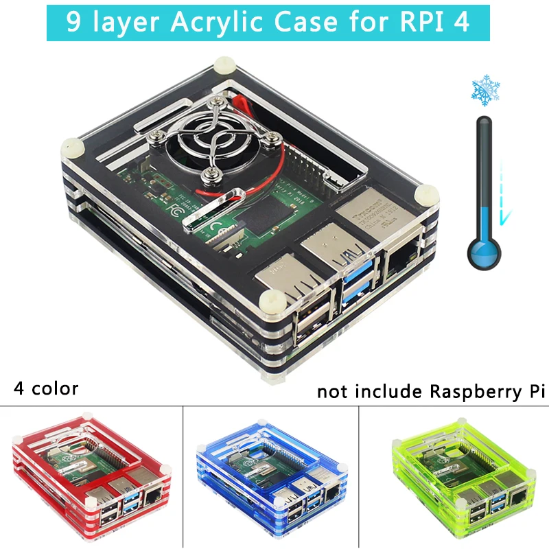 Чехол для Raspberry Pi 4 акриловый 9 слоев прозрачный цвета с охлаждающим вентилятором