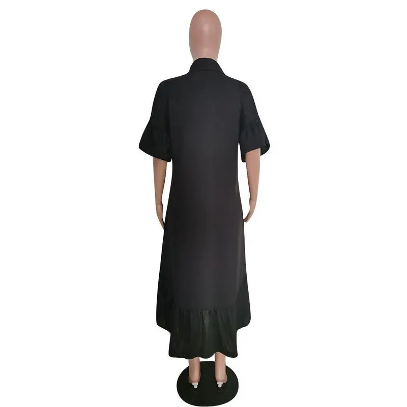 

Shiny Sequin Splice Sexy Party Dresses Women Turn Down Collar Short Sleeve Loose Dress Retro Ruffle Front Short Back Long Dress