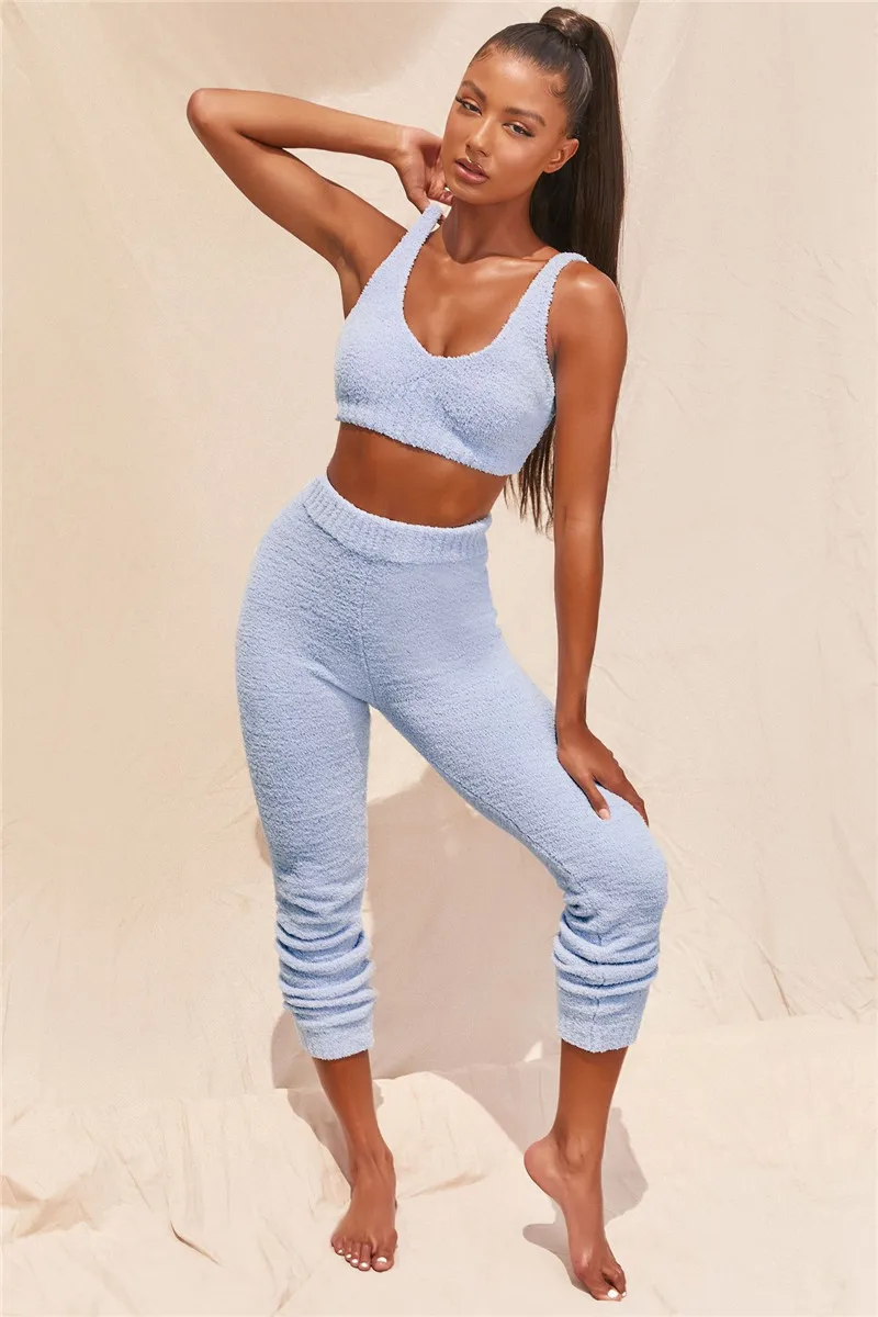 

Women's Tracksuit 2 Two Piece Set Spring Tracksuits V-Neck Vest Crop Top And Pants Knitted Suit Fashion Casual Home Female Suits