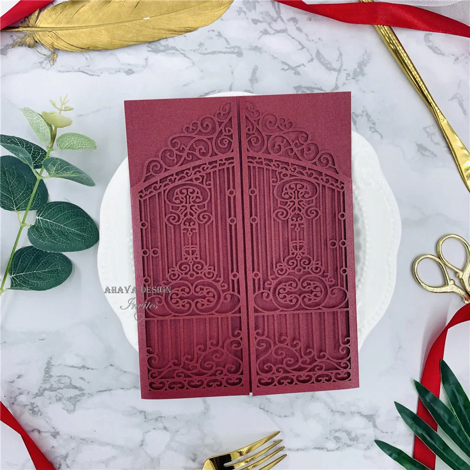 Винтажный сланец бордовая лазерная резка ворота-сложенное приглашение на