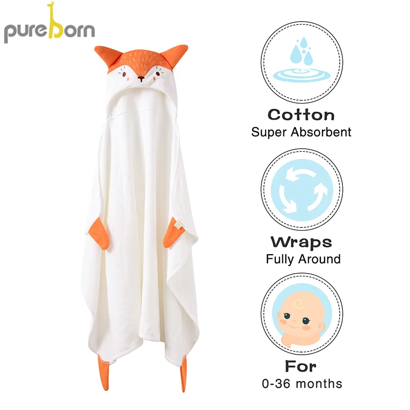 Детское махровое полотенце Pureborn с капюшоном и животным для маленьких мальчиков