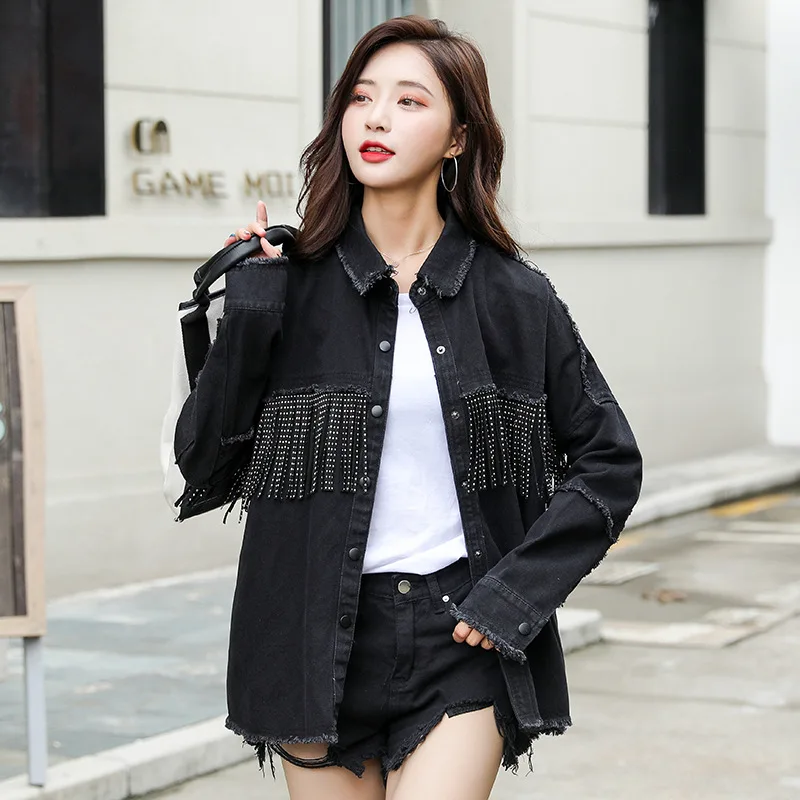 NEW Women's Black Long Sleeve Lapel Slim Fringe Decorative Jacket Autumn Hot Drilling Raw Edge Casual Street Coat Female S-2XL