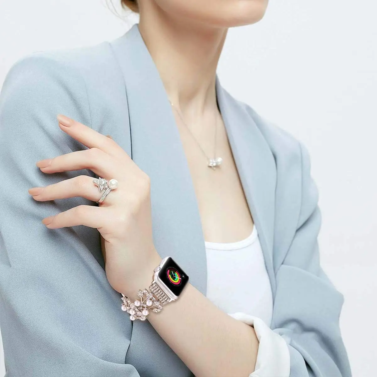 FOHUAS watchband for apple watch band 44mm 42mm Elastic Pearl Beaded Bracelet Replacement 40mm 38mm Wristband iwatch series SE