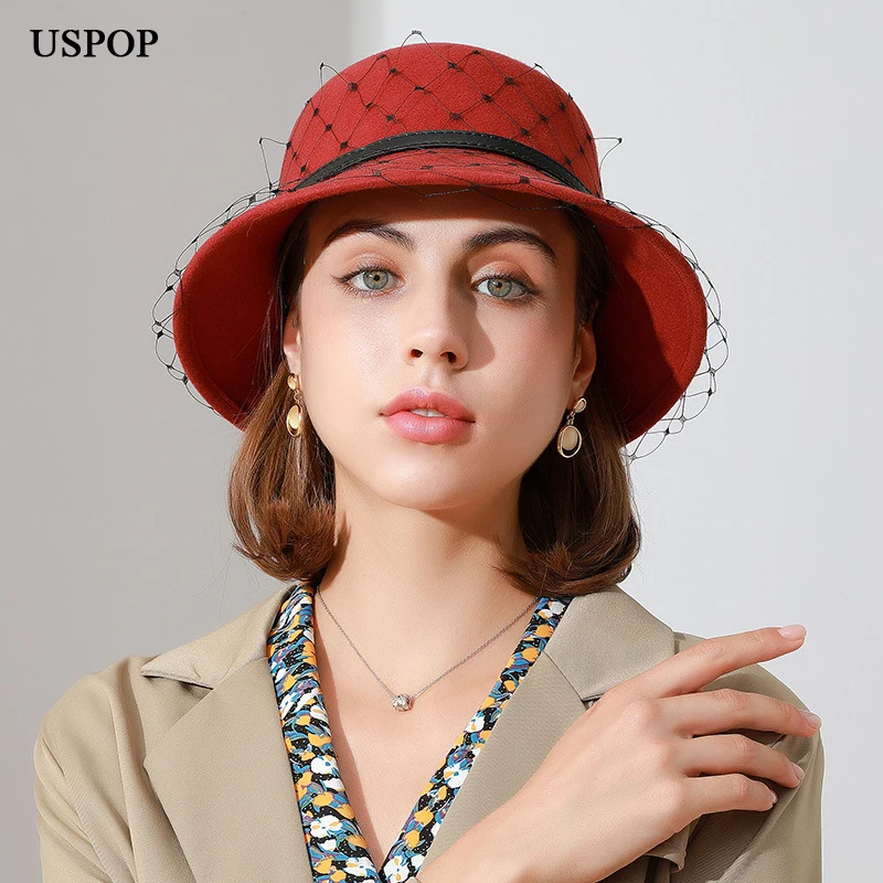 USPOP New 2021 Winter Women Wool Fedoras with Belt 100% Geniue Mesh Yarn Wool Hats