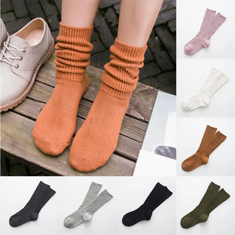 Женские носки с ворсом японские средней длины осенне-зимние однотонные
