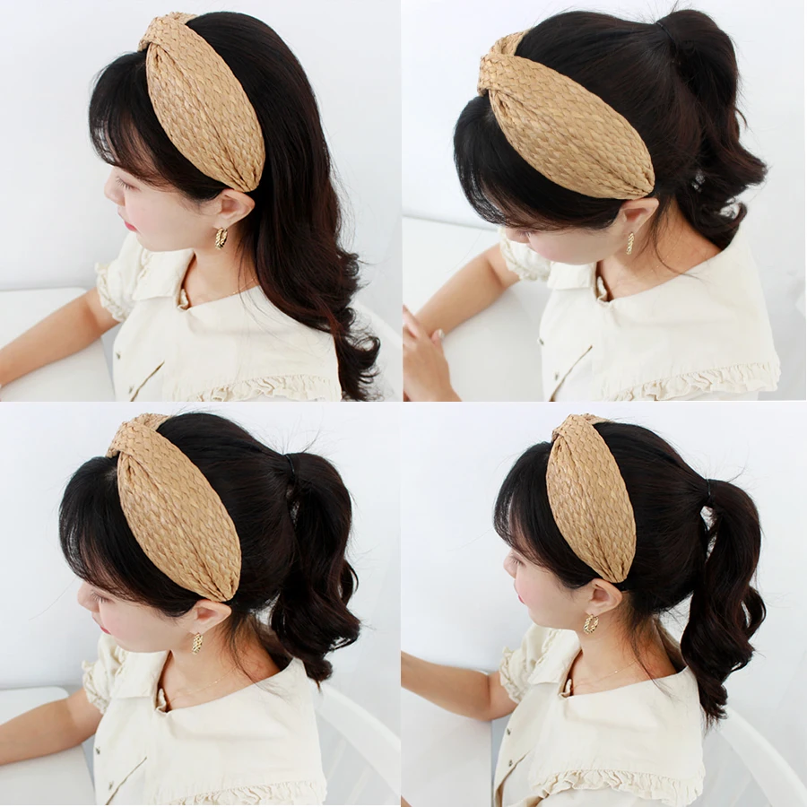 Богемная лента для волос летняя соломенная плетеная повязка на голову с узлом