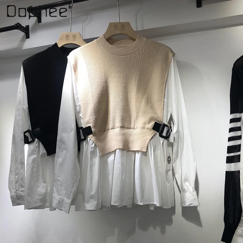 

Новинка весна-осень 2021, рубашки из двух частей, Женская Повседневная рубашка с длинным рукавом и приталенной талией, верхняя одежда, пуловер...