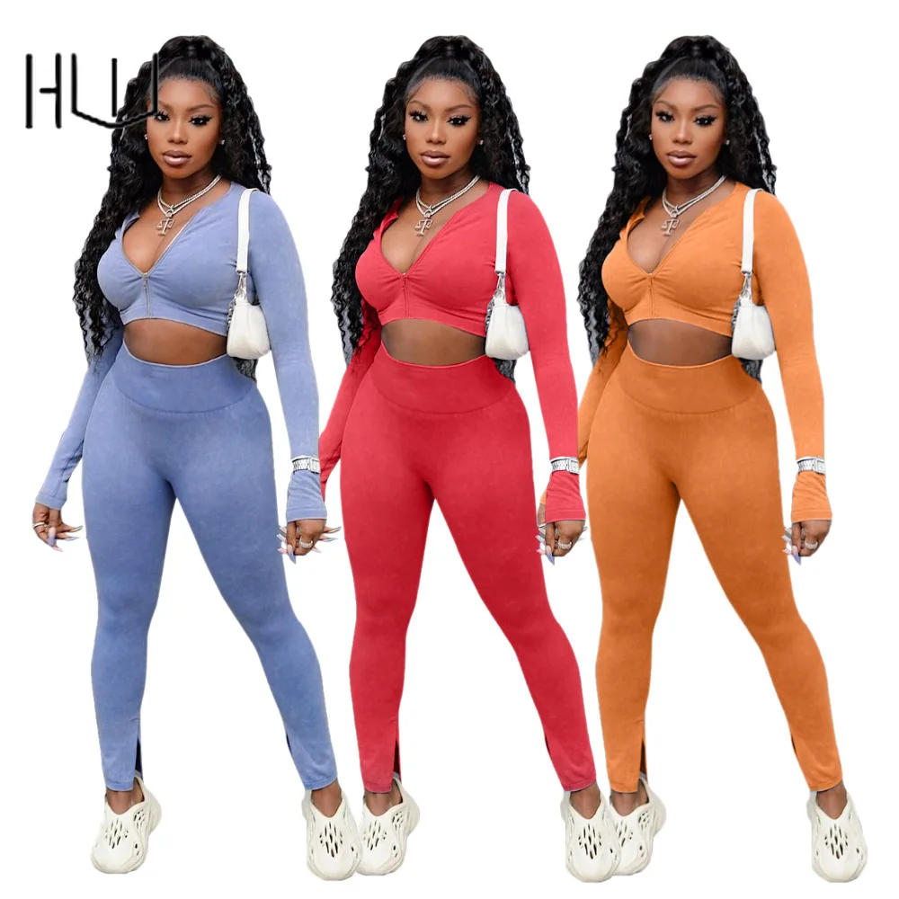 

Casual Zipper Sportswear Women's Tracksuit Fitness Long Sleeve Crop Top High Waist Leggings Ribbed Outfit Set Woman 2 Pieces