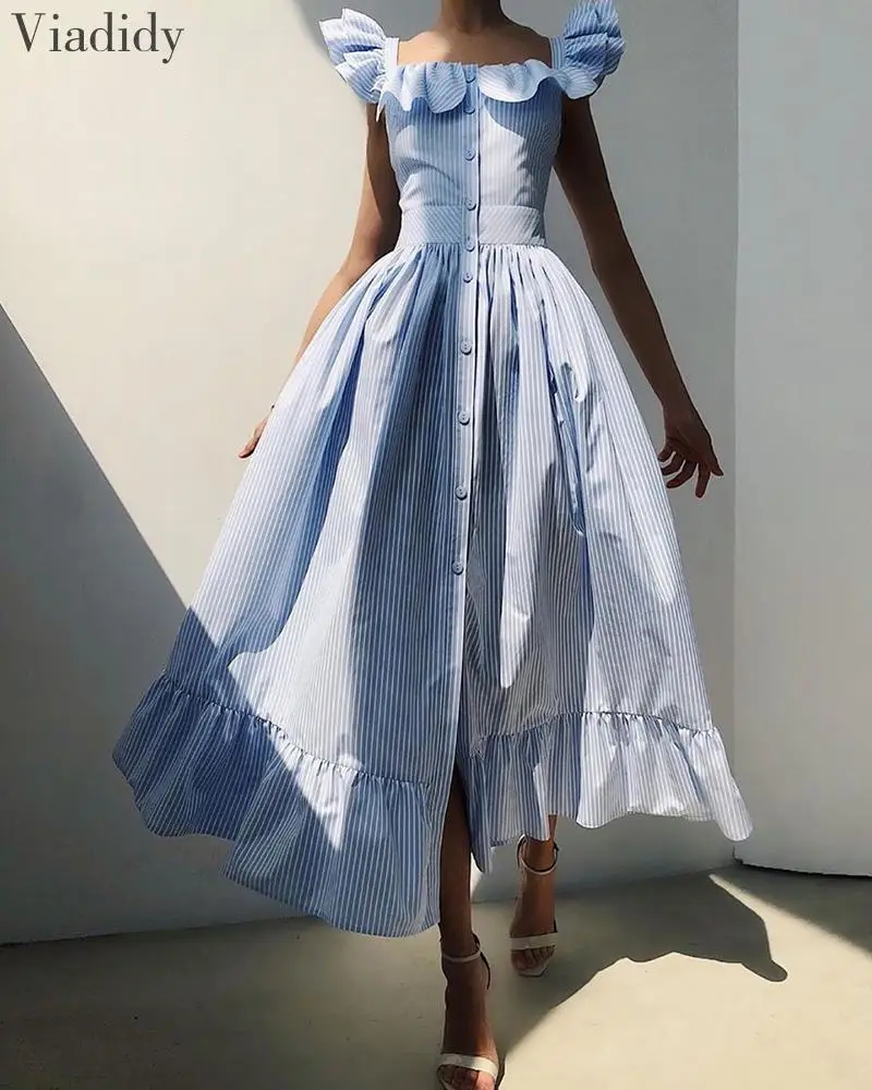 

Striped Square Neck Flutter Sleeve Sweet Dress Women Ruffles Maxi Dress