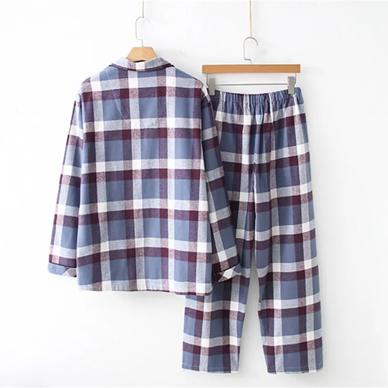 2019 Autumn Male pijamas Men Casual Plaid Pajamas sets Turn-down Collar shirt &amp pants 100% Thick Polish Cotton sleepwear suit | Мужская