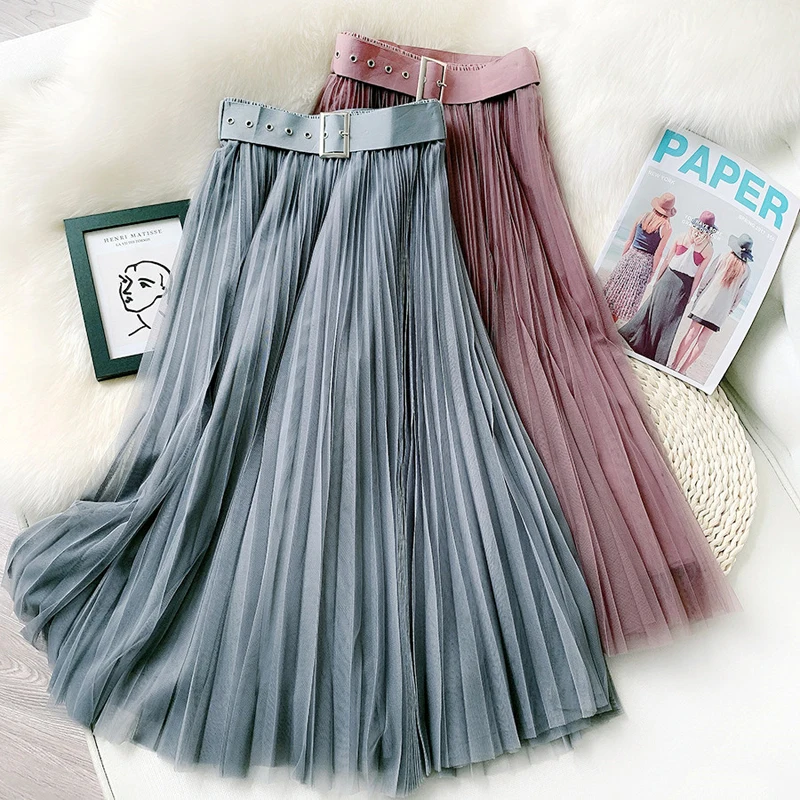 

Wasteheart New Spring Black Purple Skirts Women Fashion Mid-calf Length Skirt All-match Clothing Sexy A-Line Skirts Pleated