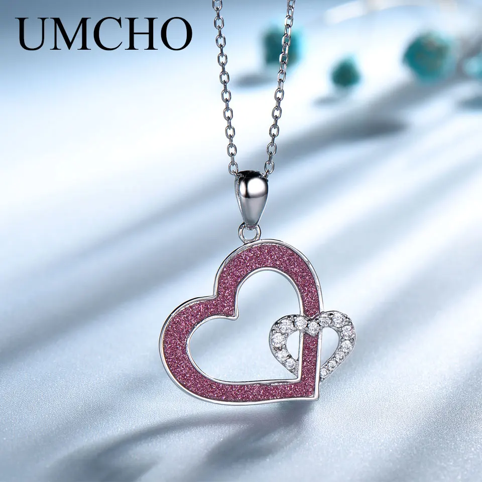 

UMCHO Red Glitter Heart Pendants & Necklace Real 925 Sterling Silver Necklace For Lover Valentine's Day Present Fine Jewelry