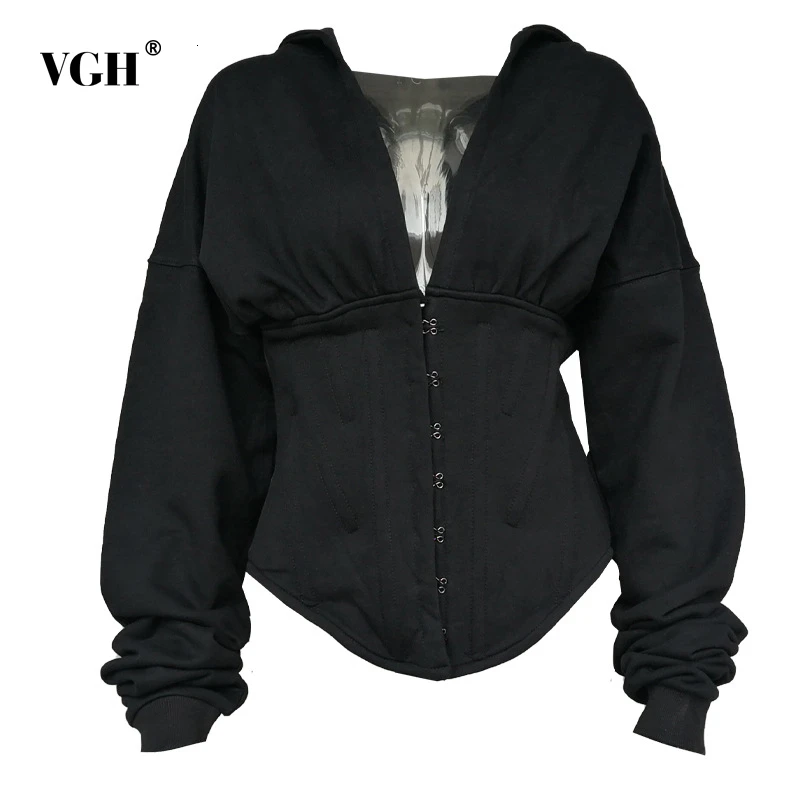 VGH черная Корейская толстовка для женщин с V образным вырезом длинным рукавом