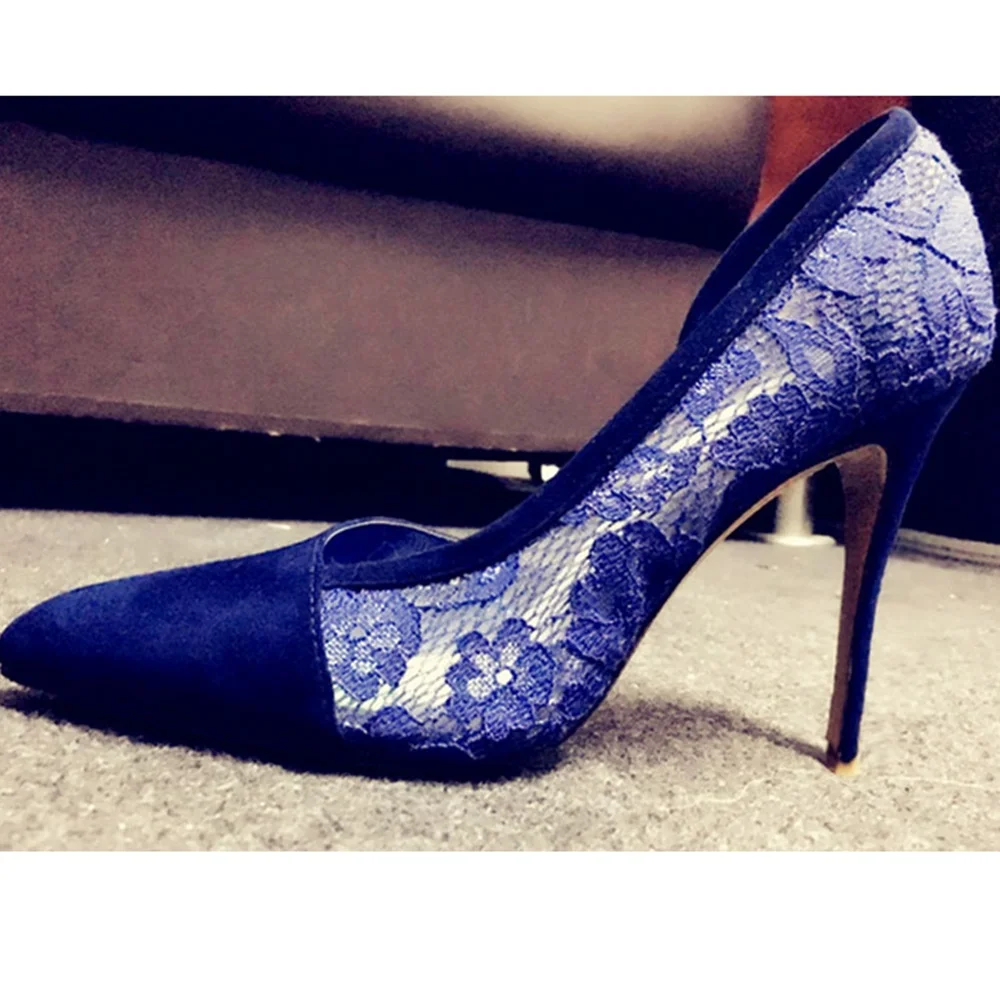 

Floral Lace Suede Patched Pumps Thin High Heels Woman Gap Openning Pointed Toe Ankle Pumps Party Dress Wedding Shoes