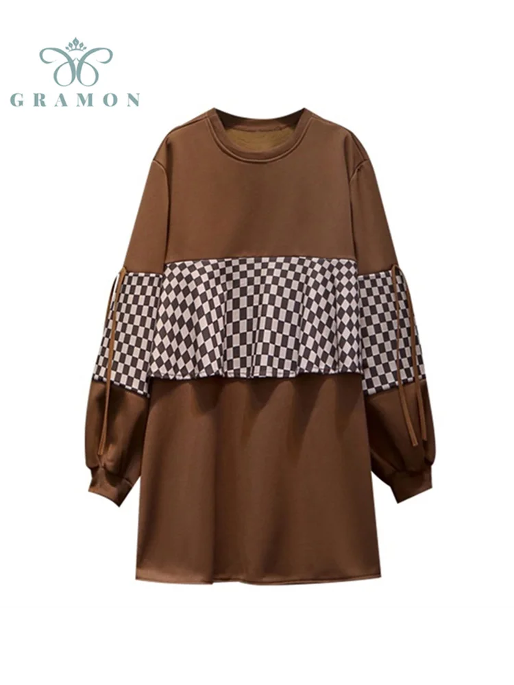 

Loose Mini Dresses For Women 2021 O-Neck Plaid Ruffles Patchwork Long Sleeve Short Dress Winter Oversized Thick Vestidos Mujer