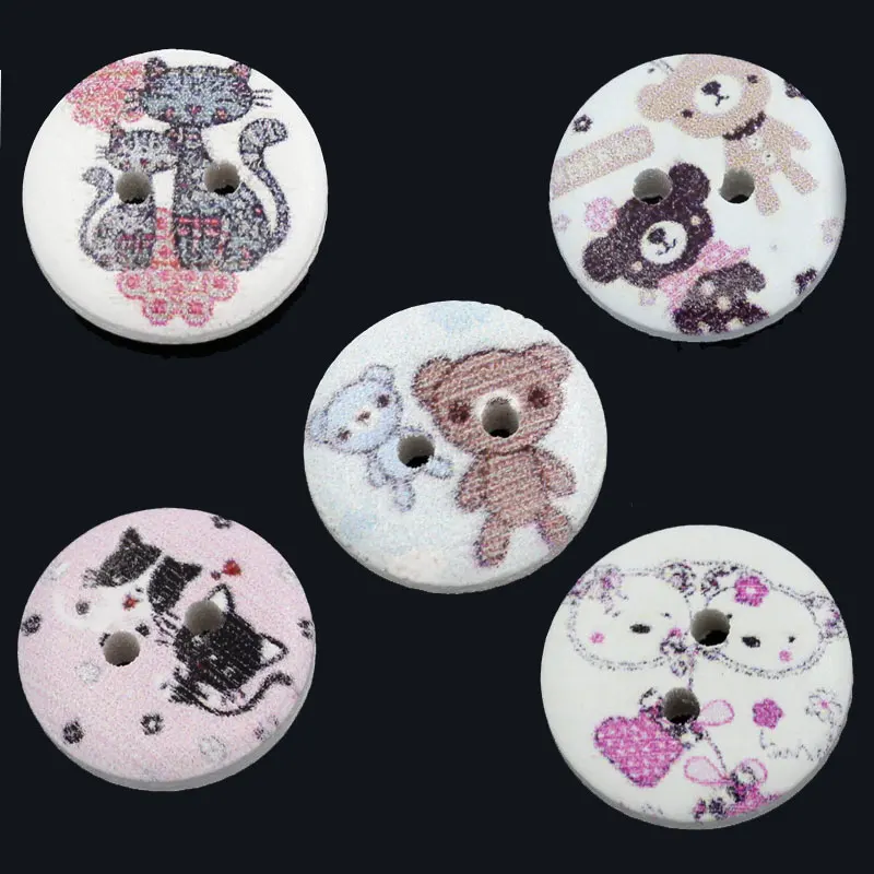 100 шт Мультяшные деревянные пуговицы 2 отверстия животный узор Круглый смешанный