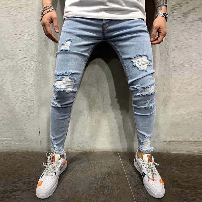 

European High Street Men's Slim Fit Small Foot Scraped Denim Pants Fashion Youth Holed Jeans Large