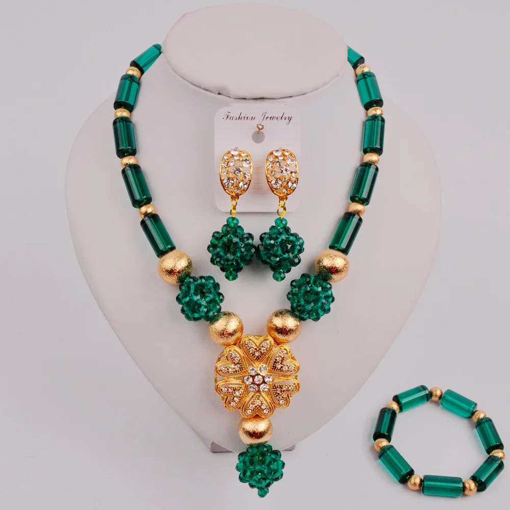 

Latest Teal Green Army Green Nigerian Wedding African Jewelry Set Crystal Beaded Necklace Set for Women SZ-Q1-2