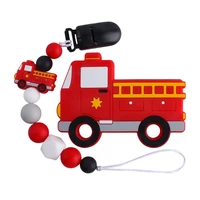 new 2 pcs baby pacifier chain cartoon fire truck teether set nipple dummy clip holder infant silicone teething soother molar