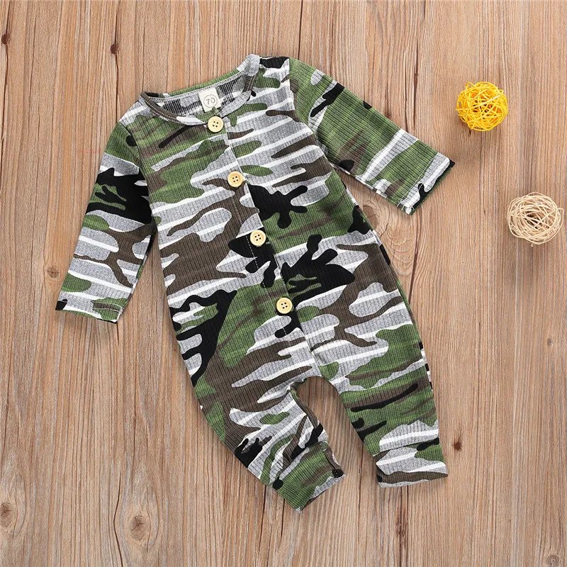 

Infants Baby Boy Girl Romper Spring Fall Camouflage Long Sleeves O-Neck Home Sports Sleeping Romper Cotton Button Jumpsuit 0-18M