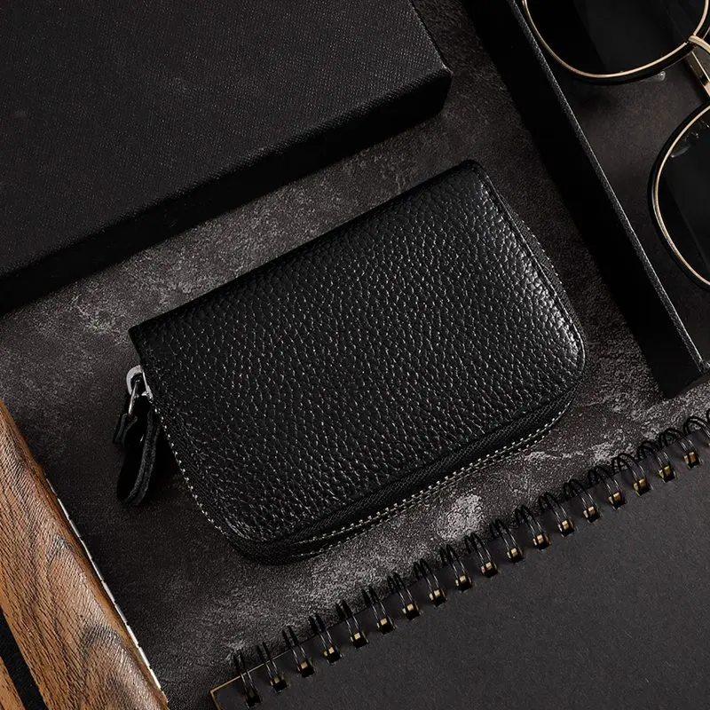 

1 PC Genuine Leather ID Credit Card Holder Bag For Men Double Zipper Organ Multi-Card Holder Coin Purse Money Bag Dropship New