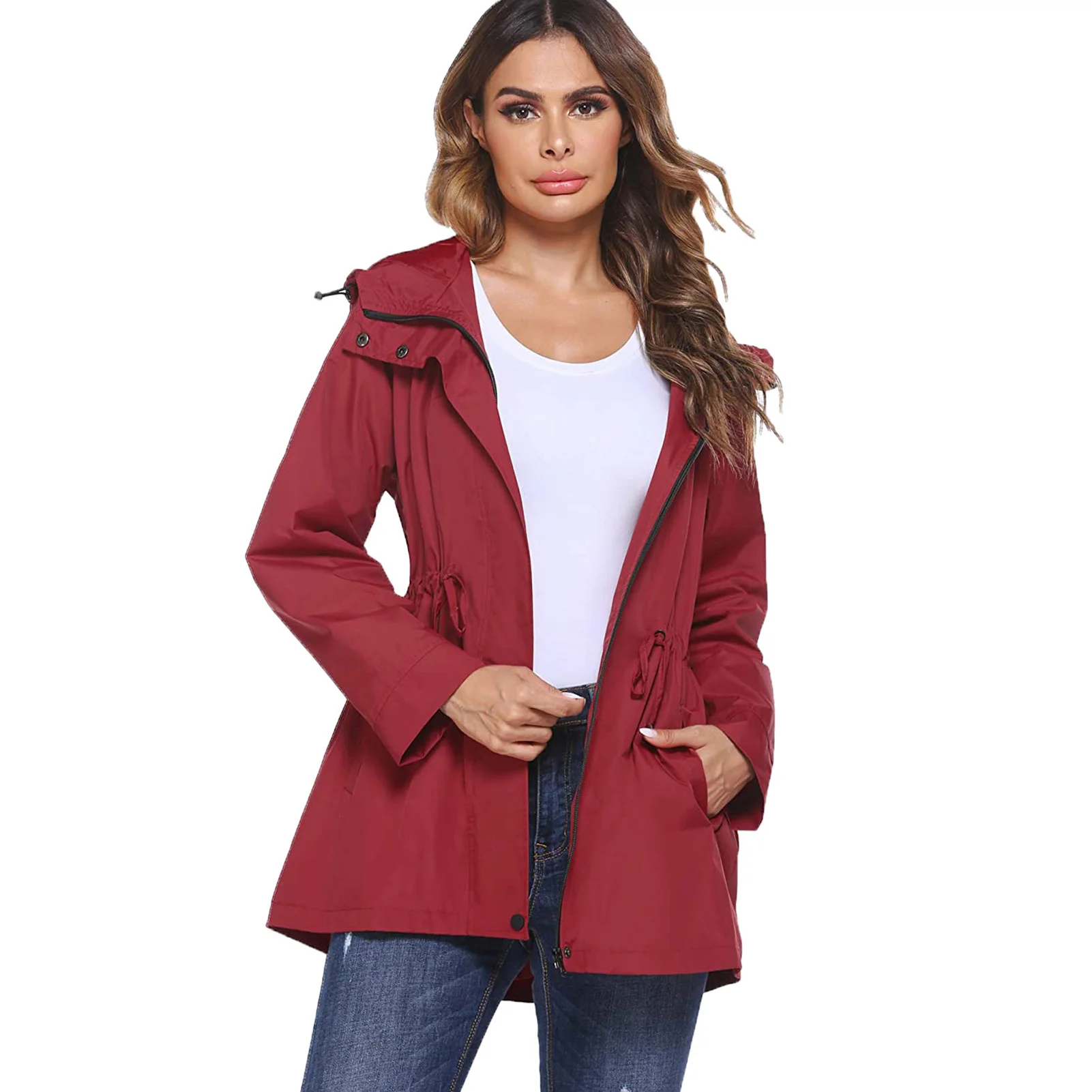

spring jacket women fashion 2021 Autumn Winter Solid Color Waist Tight Windbreaker Zip Hooded Coat Jacket Windbreaker women