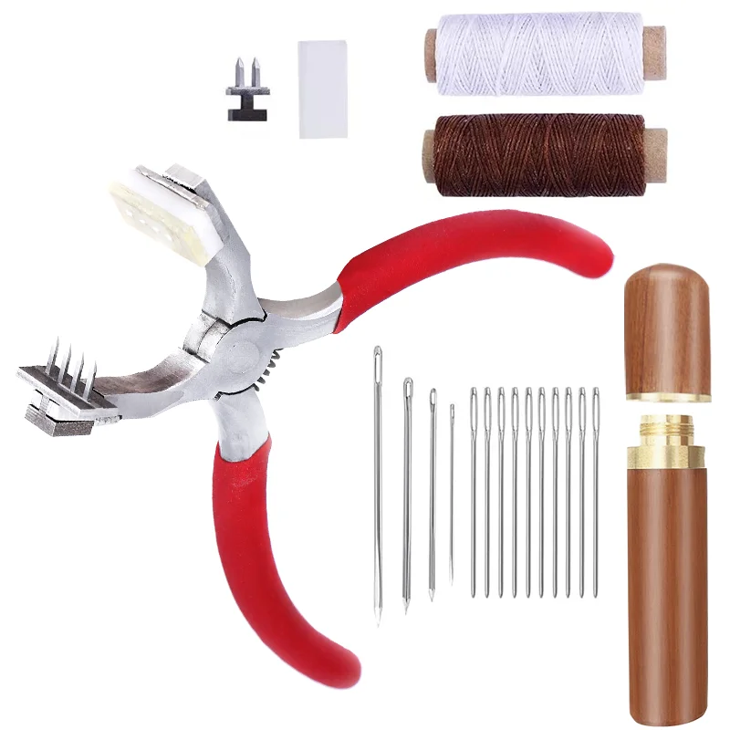 

LMDZ Stitching Hole Punch,4mm Silent Leather Hand Pliers(Rhombus 4 Teeth and 2 Teeth) with Leather Needle,Wooden Needle Case