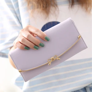 Long Bow Three Fold Women Wallets Hasp Solid Color Coin Purses Female Metal Edge Multifunction Card Holder Clutch Phone Bag
