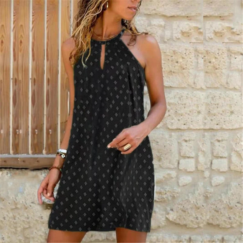 

Women Printed Elegant Halter Dresses Summer Boho Sexy Sleeveless Mini Dress Female Casual O-Neck Beach Party Dresses Plus Size