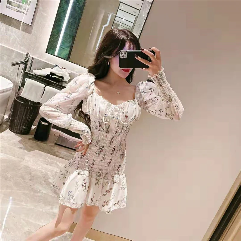 

French niche waist dress new fashion sweet strapless straps puff sleeve slim floral fishtail dress