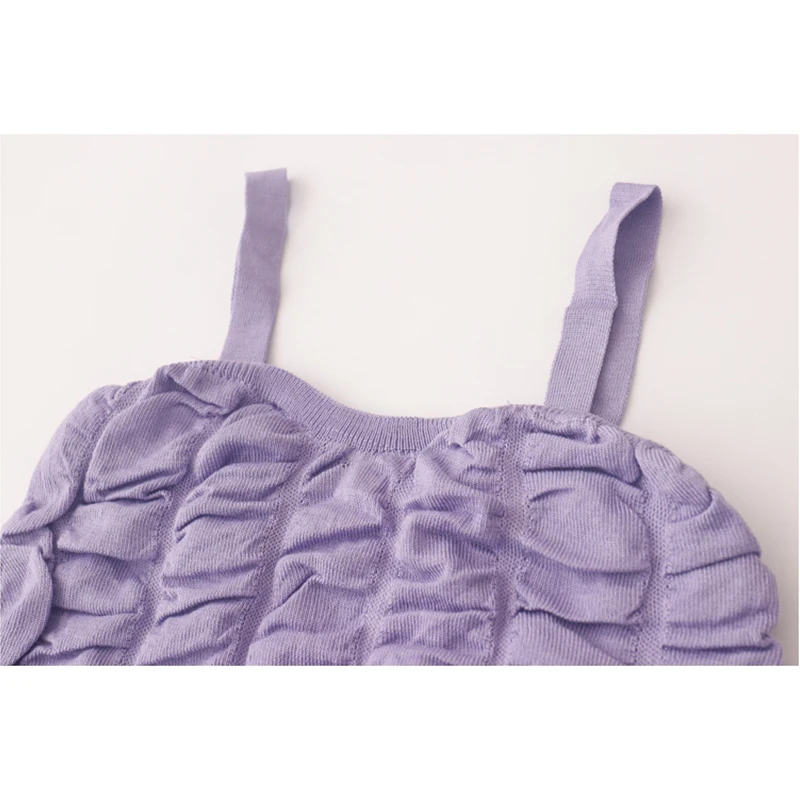 

2021 Summer New Vintage Folds Knitted Spaghetti Strap Camisole Women All-match Chic Streetwear Solid Bar Sexy Clubwear Tank Tops