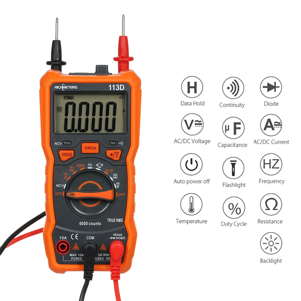 Цифровой мультиметр RICHMETERS RM113D NCV, 6000 отсчетов, автоматический выбор диапазона, измеритель напряжения переменного/постоянного тока с флэш-подсветильник кой, большой экран, функция TRUE RMS