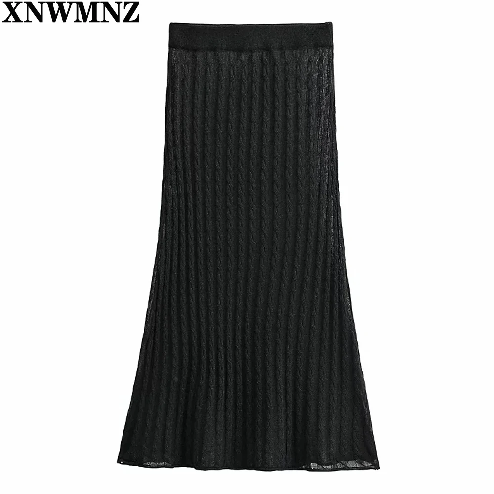 

XNWMNZ women's skirt 2021 za women semi-sheer knit skirt High-waisted skirt elastic waistband flared hem summer skirts for women