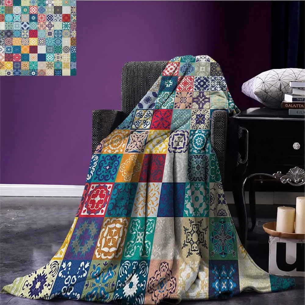 Марокканское одеяло Флисовое в стиле пэчворк с разными цветными арабскими