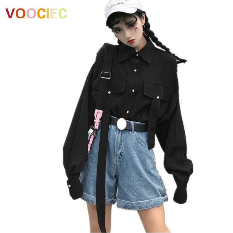 

Harajuku Women Shirts Vintage Gothic Japanese Punk Style Street Long Sleeve Tops Korean Black Hip Hop Darkness Female Blouse