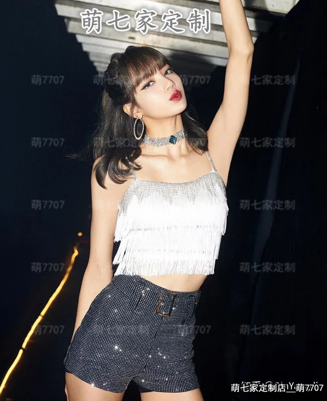 kpop Korean Celebrity White tassel sexy sleeveless sling vest tops+black slim High waist shorts women two piece outfits |