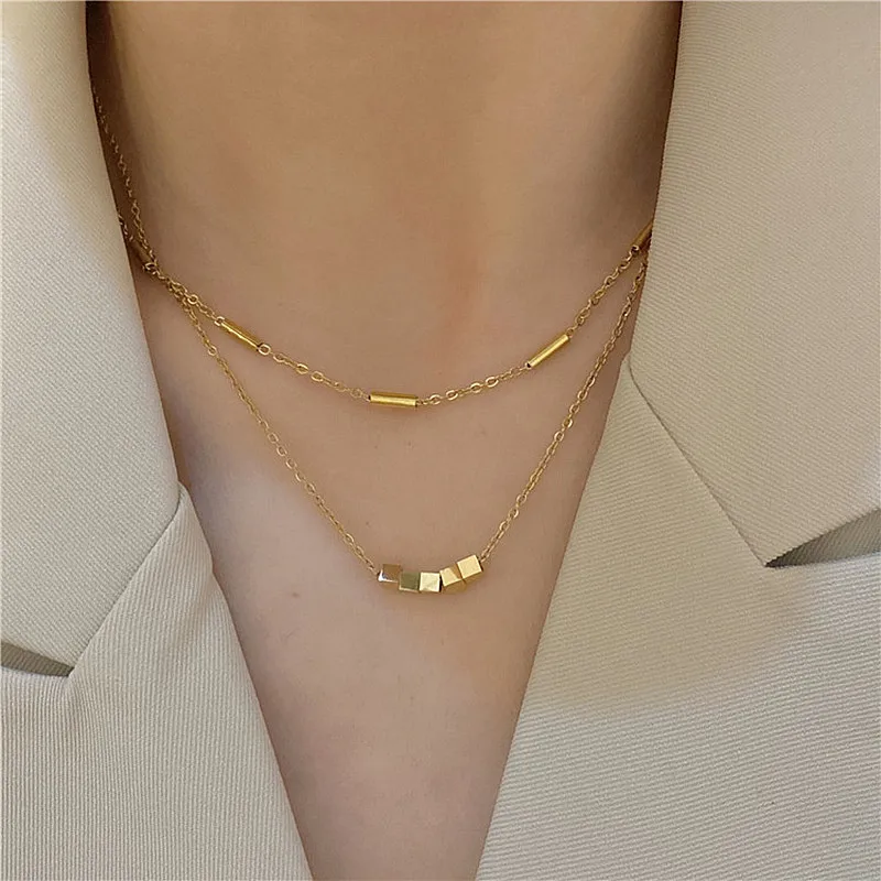 

Fashion Double Layers Simple Tube Square Titanium Steel Necklace For Women Delicate New Jewelry Choker Collares
