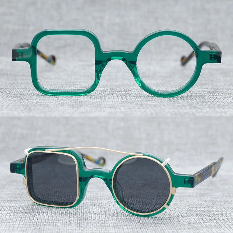 High Quality Acetate Original Japanese Handmade Artist Decorative Asymmetric Design Eyeglass Optical Frame Clip On Sunglasses