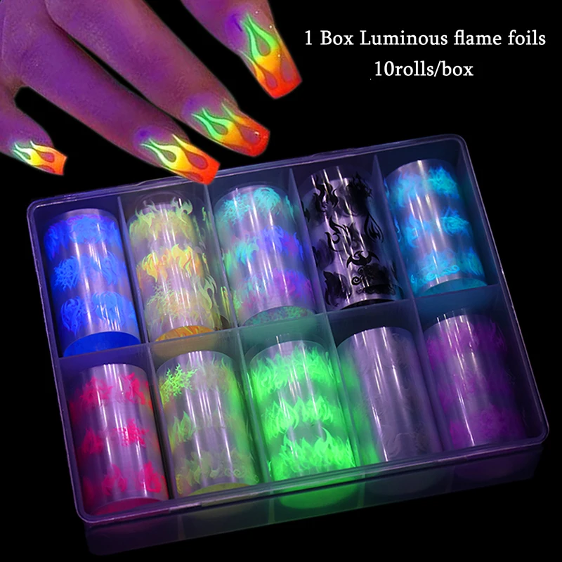 

10 Rolls Nail Fluorescent Flame Star Nails Stickers Paste Fluorescent Nail Flame Star Transfer Box Nail Stickers Nail Decoration
