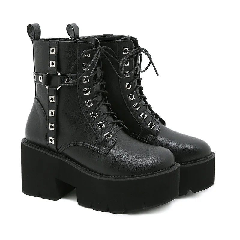 

New New Arrival Fashion Rivets Thick Heeled Boots For Women Autumn Winter Lace Up Women's Boots Platform Heel 90S Gothic Hot
