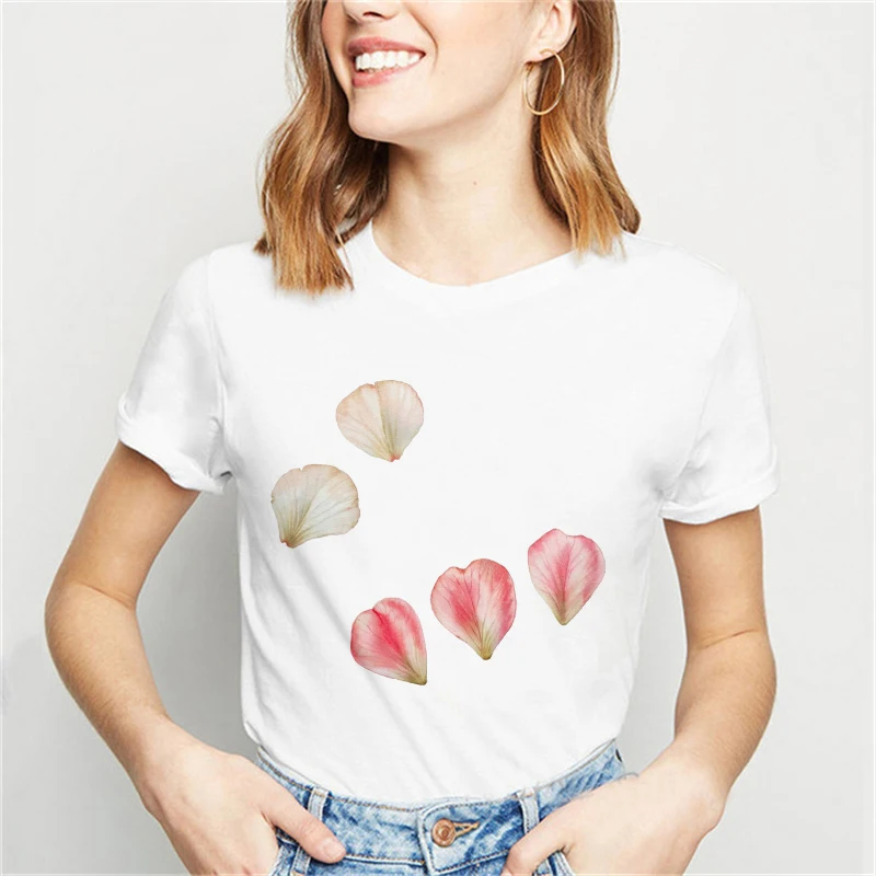 

Women Female Summer Petal Printing 2021 Cute Trend Cartoon Tshirts Fashion Clothes Graphic T Top Lady Print Loose Tee T-Shirt