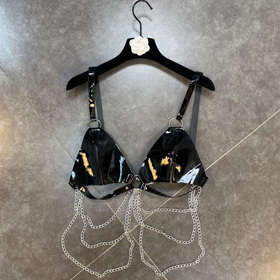 Ailigou 2021 Women's Short Corset Top Spaghetti Strap Black Pu Leather Crop Top Women's Chain Halter PU Sexy Tank Top