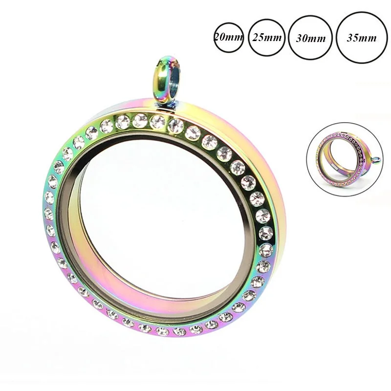 

30MM Rainbow Crystal Magnetic Floating Locket 316L Stainless Steel Floating Charms Memory Glass Locket Pendant for Women Jewelry