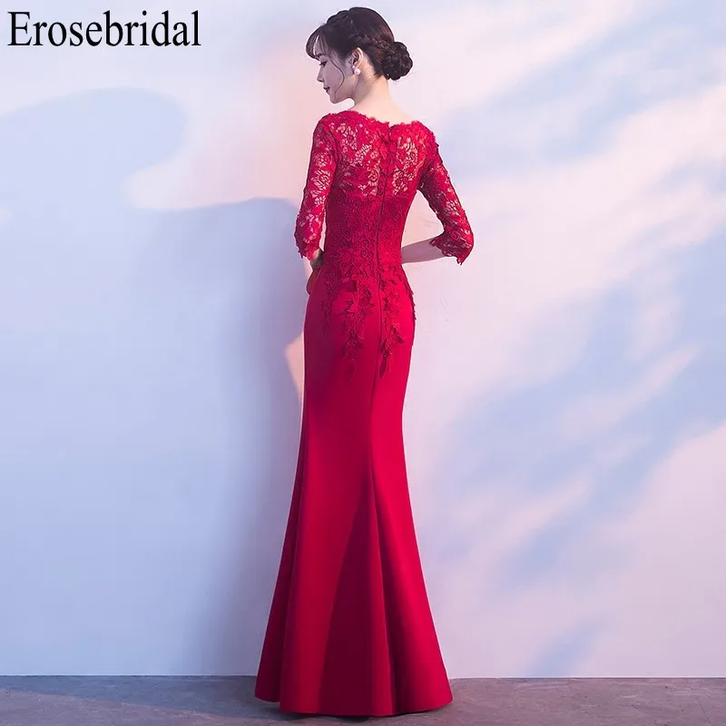 Erosebridal вечернее платье с длинными рукавами для женщин, красные элегантные платья Русалочки, вечернее платье на молнии сзади, круглый вырез