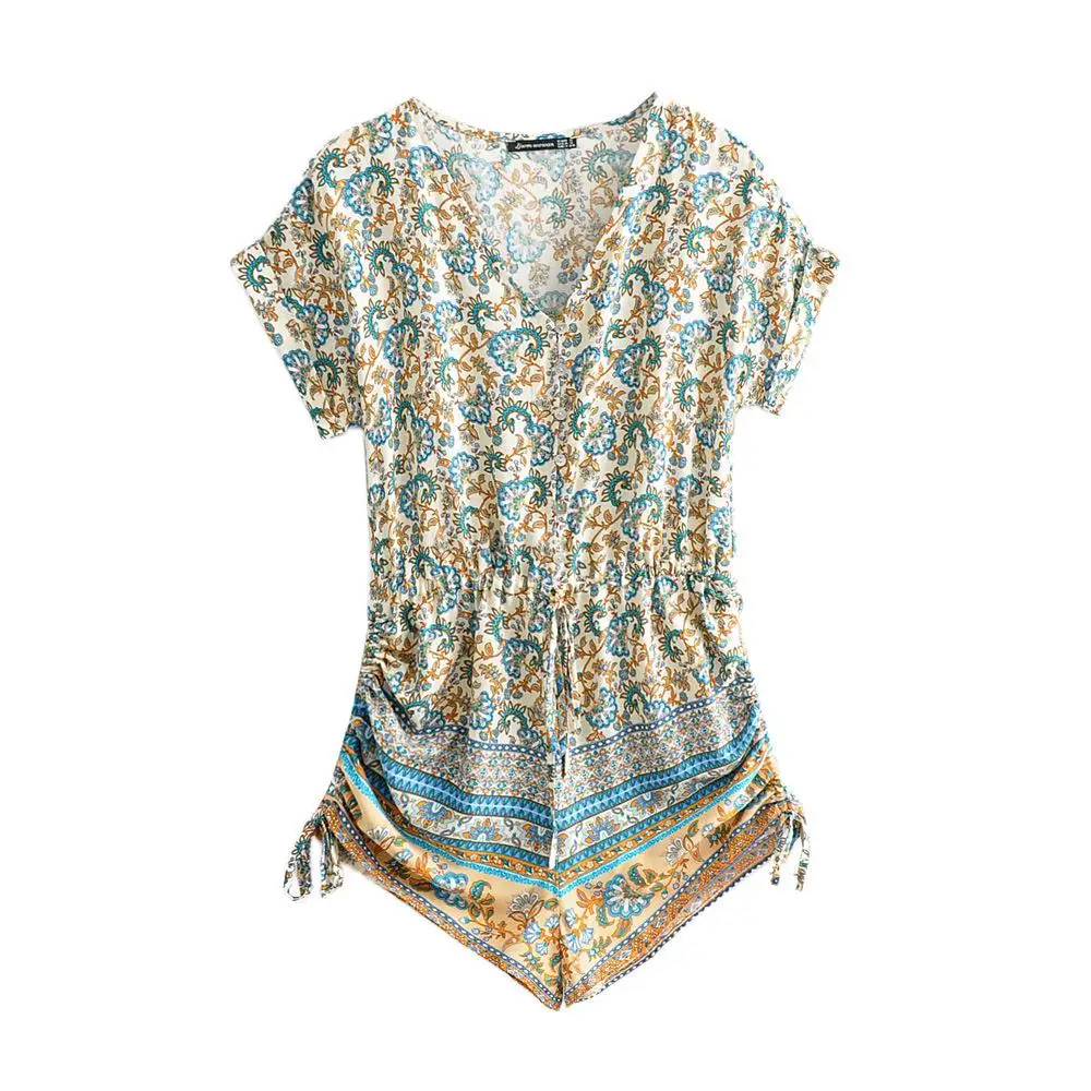 

Women's clothing New Europe and AmericaVCollar printed jumpsuit European and American lace-up waist one-piece shorts