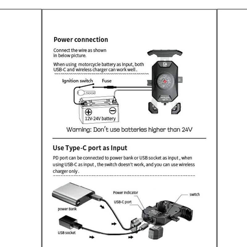 

Waterproof 12V Motorcycle Mirror 15W Wireless Qi/USB C PD 20W Cellphone Fast Charger Holder Mount Cradle with Switch
