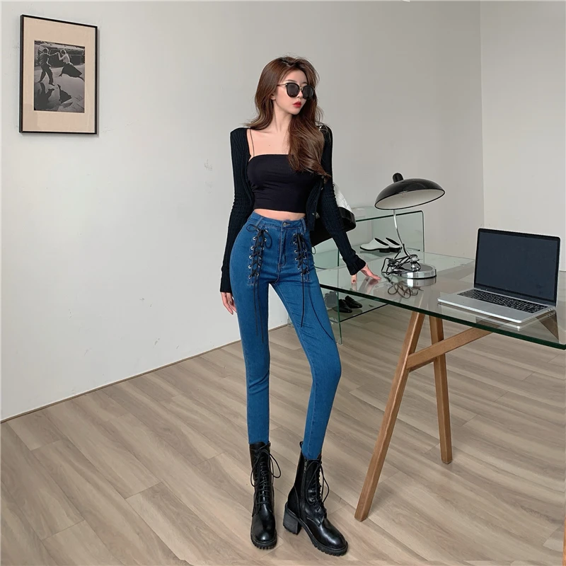 

Women's Jeans 2021 Spring Fashion Stretch Tight Pants Tide High Waist Cross Lace-up Pencil Pants