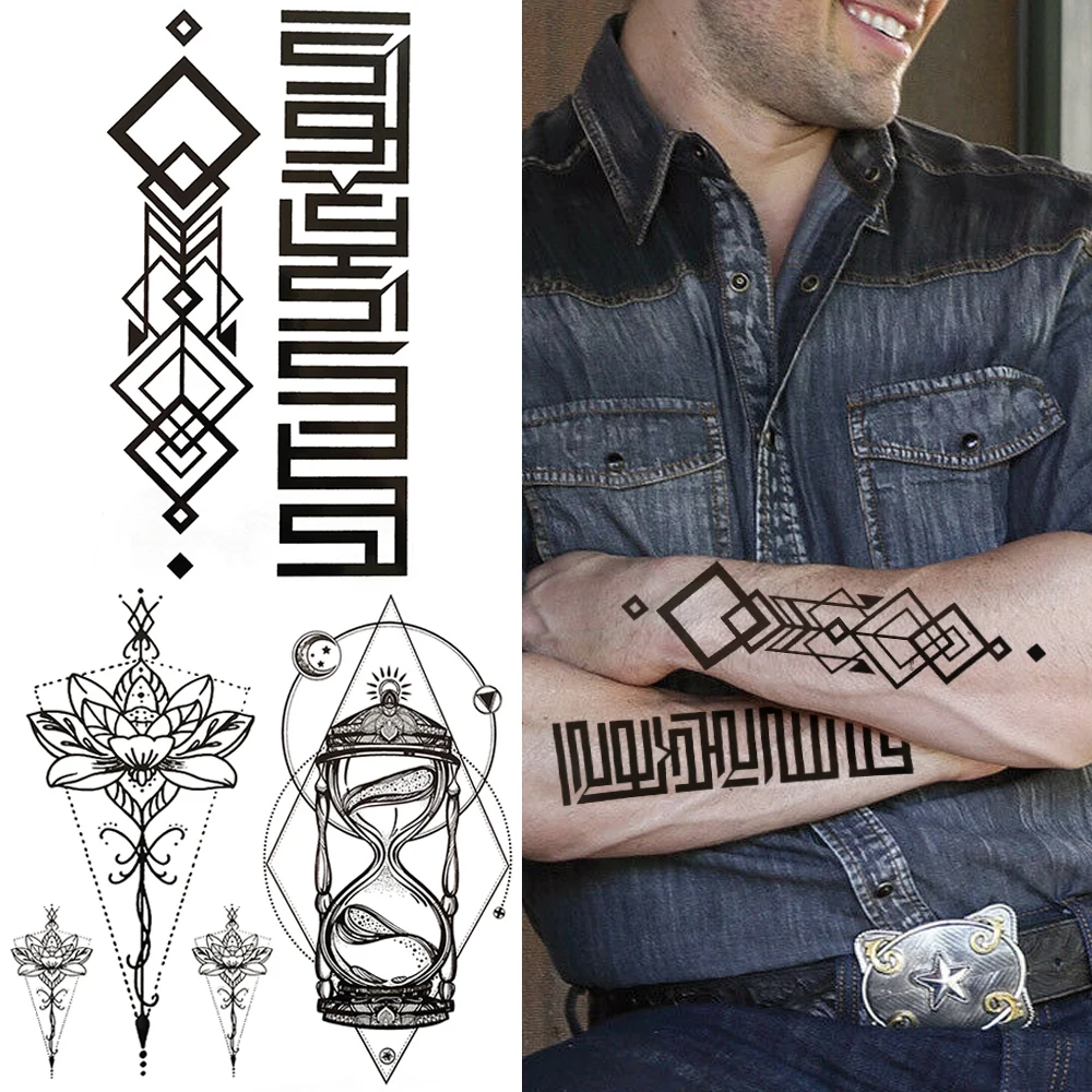 

Geometric Fake Temporary Tattoo For Women Men Black Lotus Tattoos Sticker Minimalist Hourglass Tatoo Sheet Body Art Hand Drawing